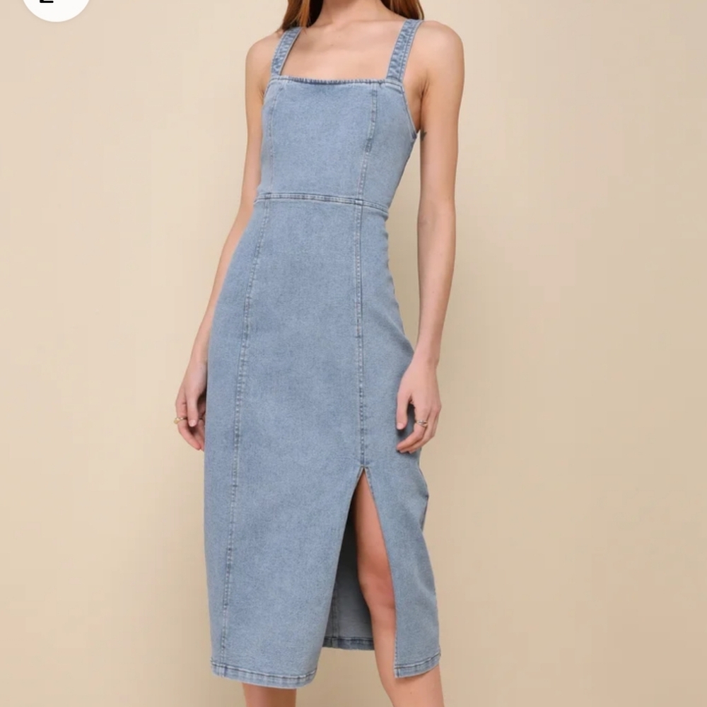 Lulu's Trendy Inspiration Light Wash Lace-Up Denim Midi Dress size XL, New W/tag